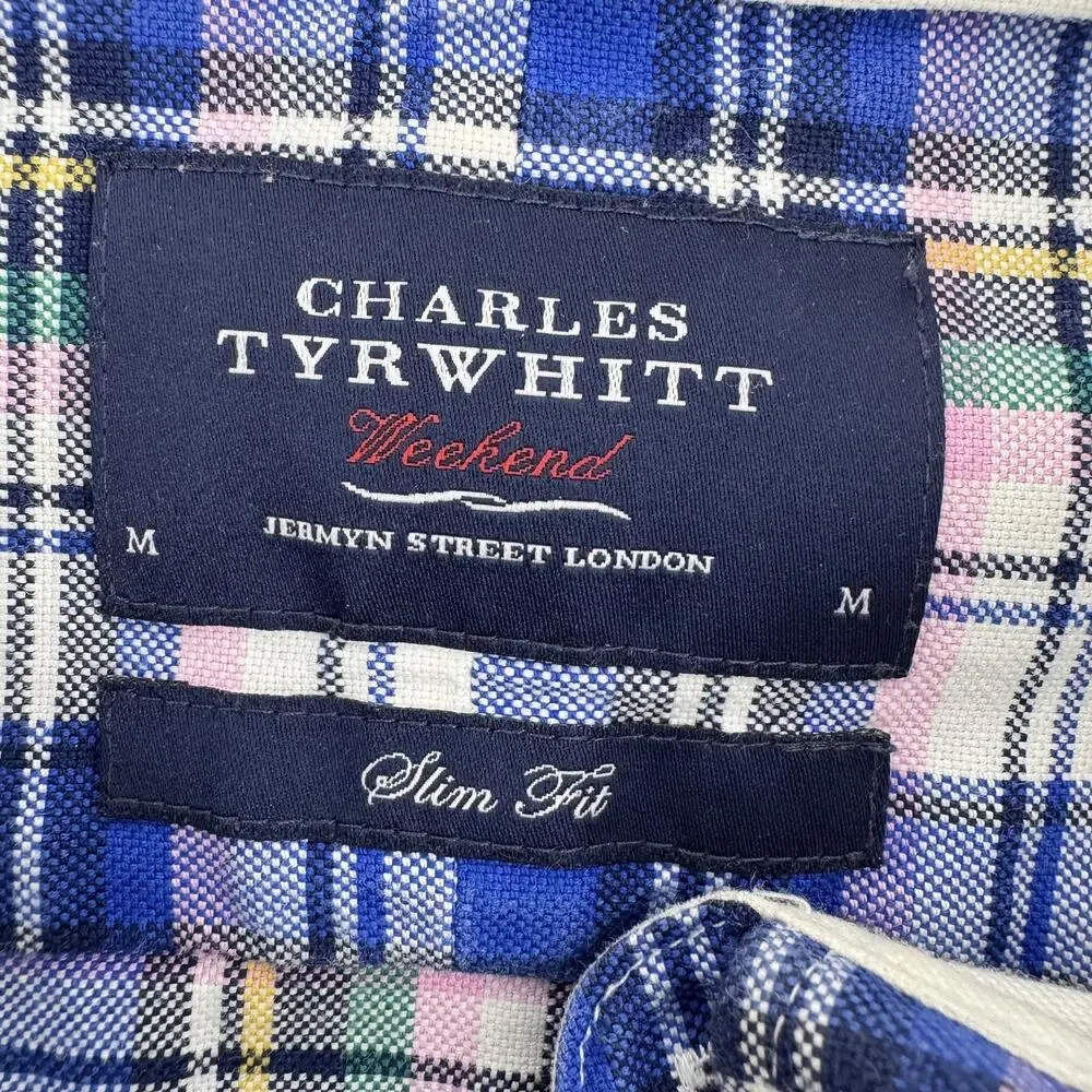 Charles Tyrwhitt Shirt Mens Medium‎ Blue Plaid Button Up Weekend Slim Fit Casual